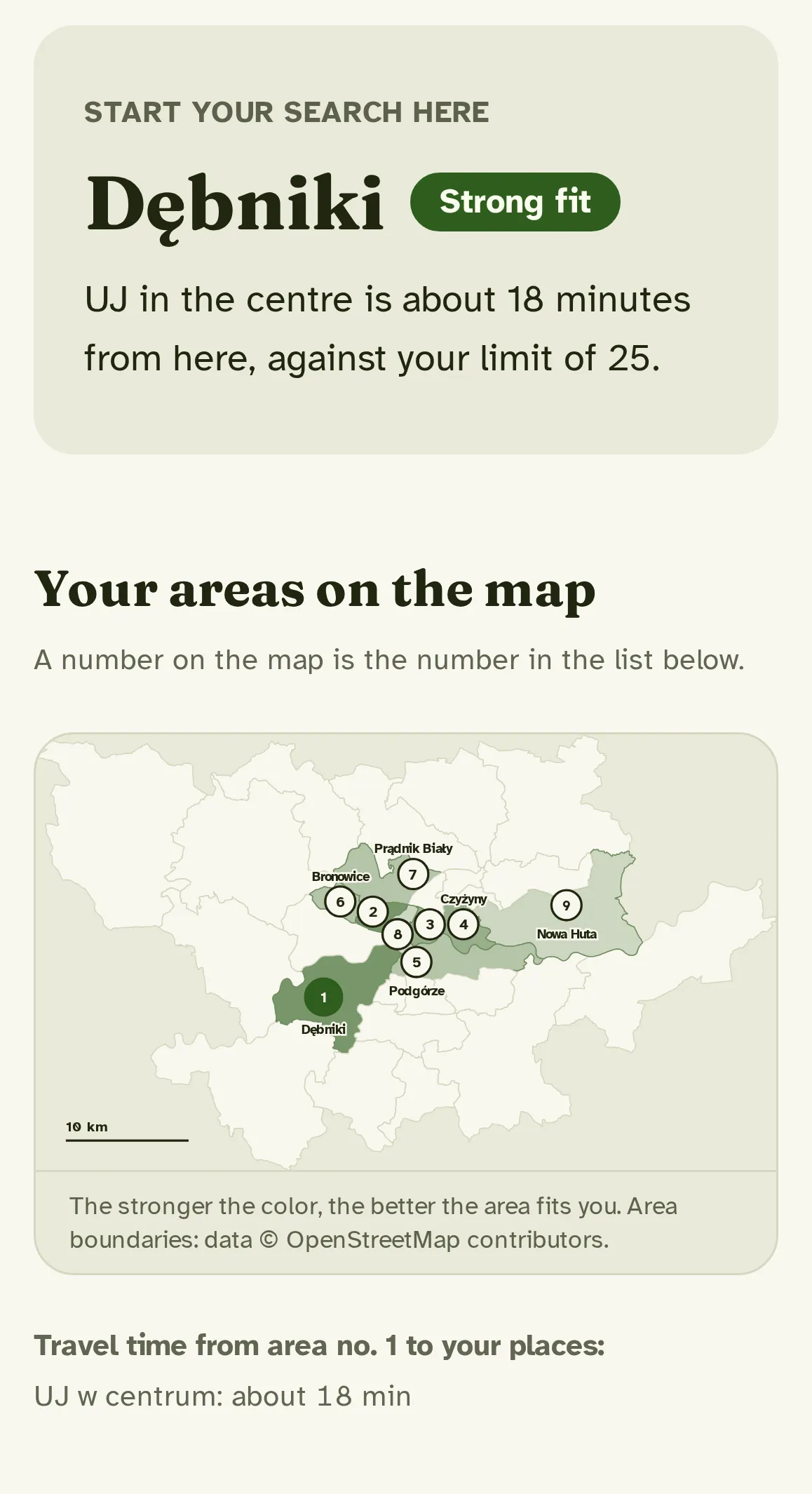 An excerpt from the sample report: Dębniki as the best match, with the reason why and a map of the recommended areas