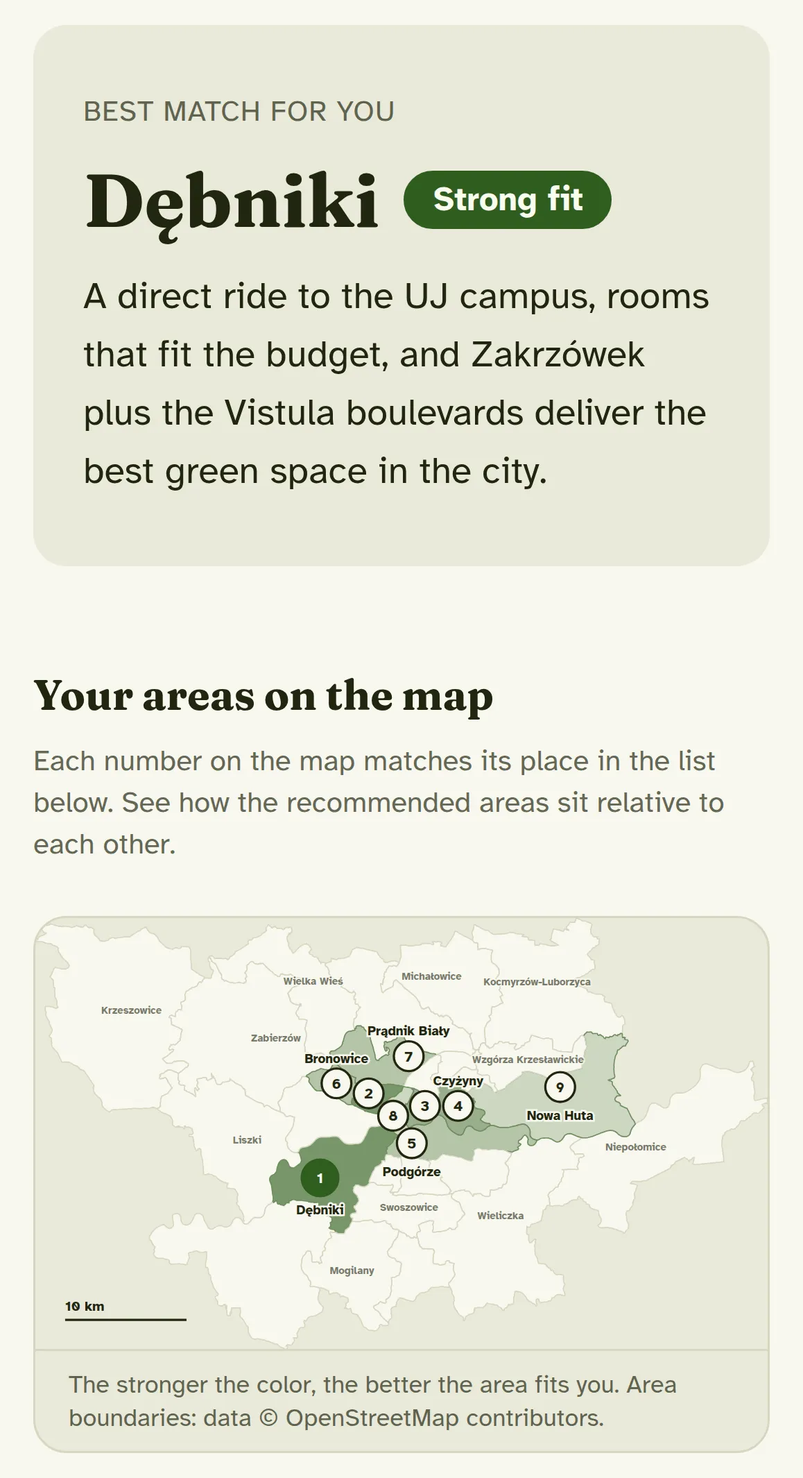 A real report excerpt: Dębniki as the best match, with the reason why and a map of the recommended areas