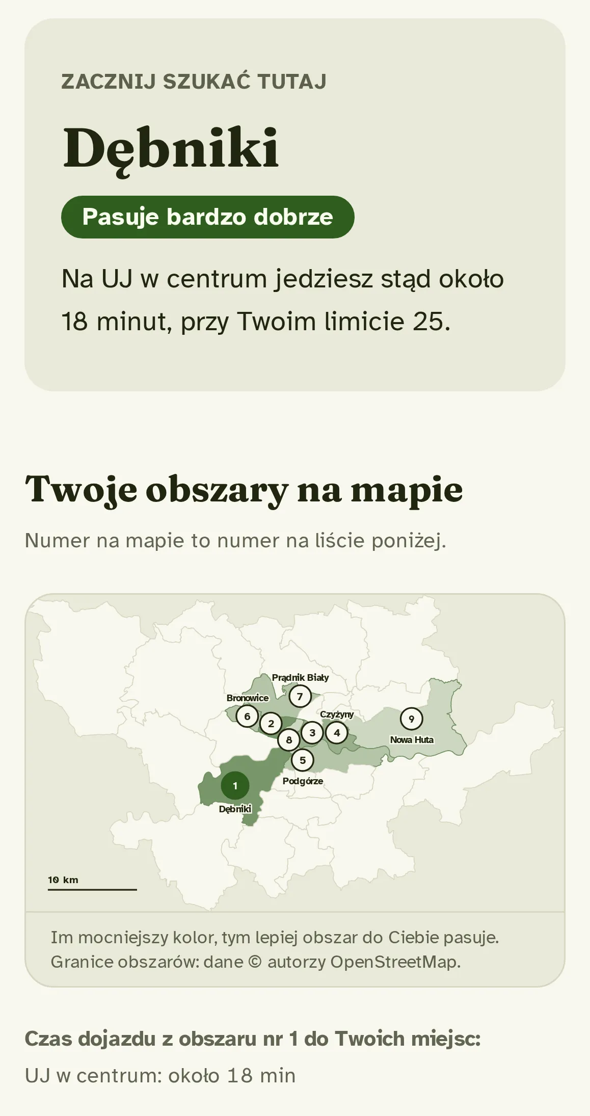 Fragment przykładowego raportu: Dębniki jako najlepsze dopasowanie, z uzasadnieniem i mapą polecanych obszarów