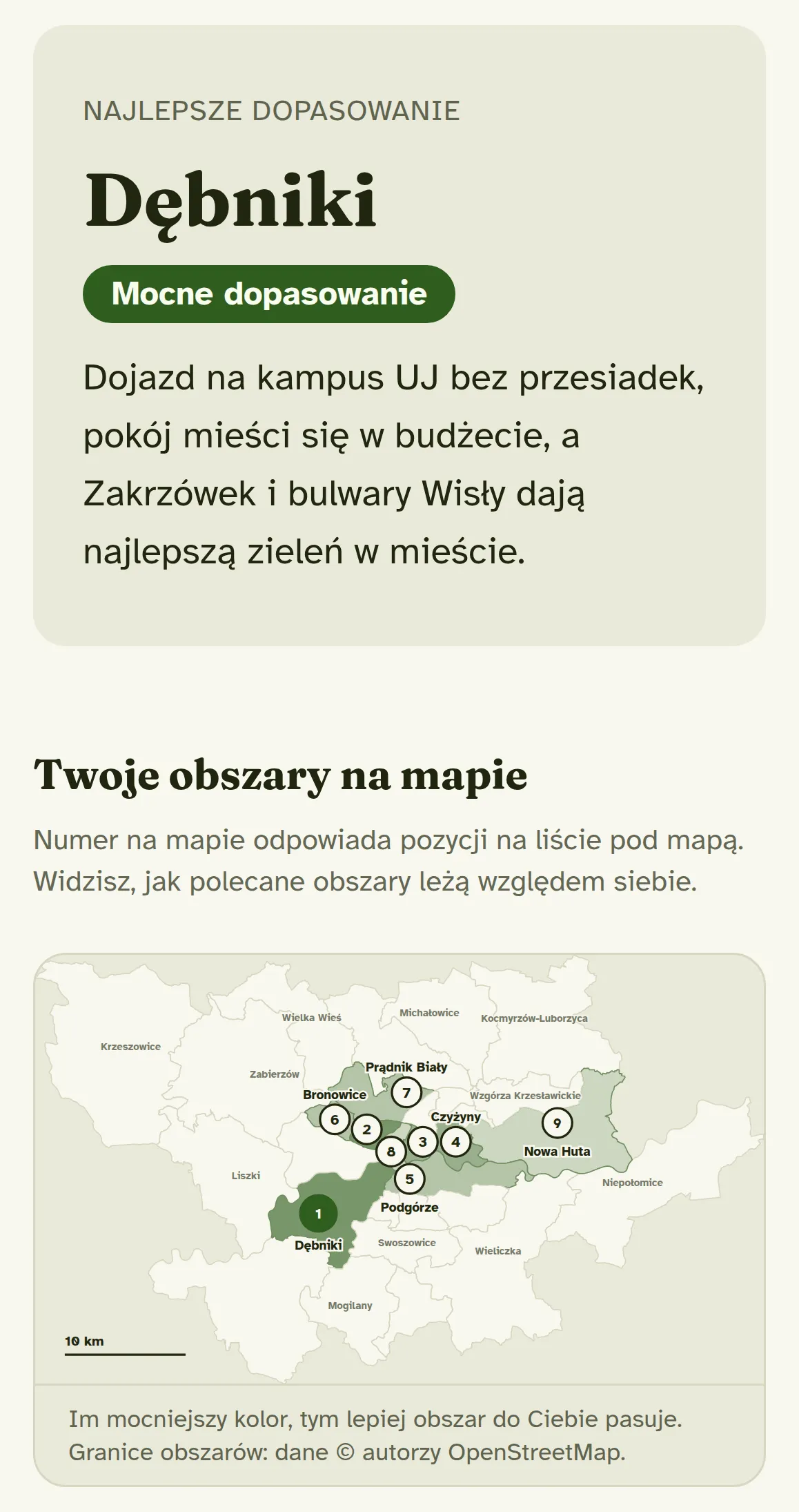Prawdziwy fragment raportu: Dębniki jako najlepsze dopasowanie, z uzasadnieniem i mapą polecanych obszarów