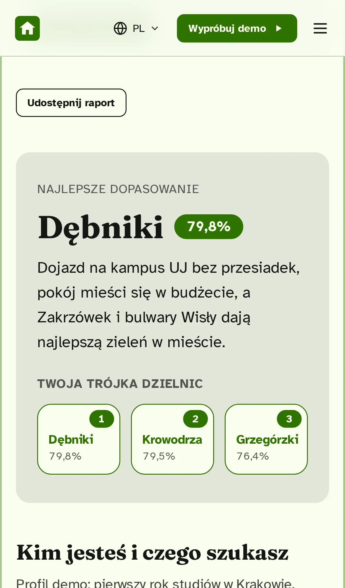 Prawdziwy fragment raportu: Dębniki z 79,8% dopasowania, uzasadnieniem i trójką najlepszych obszarów